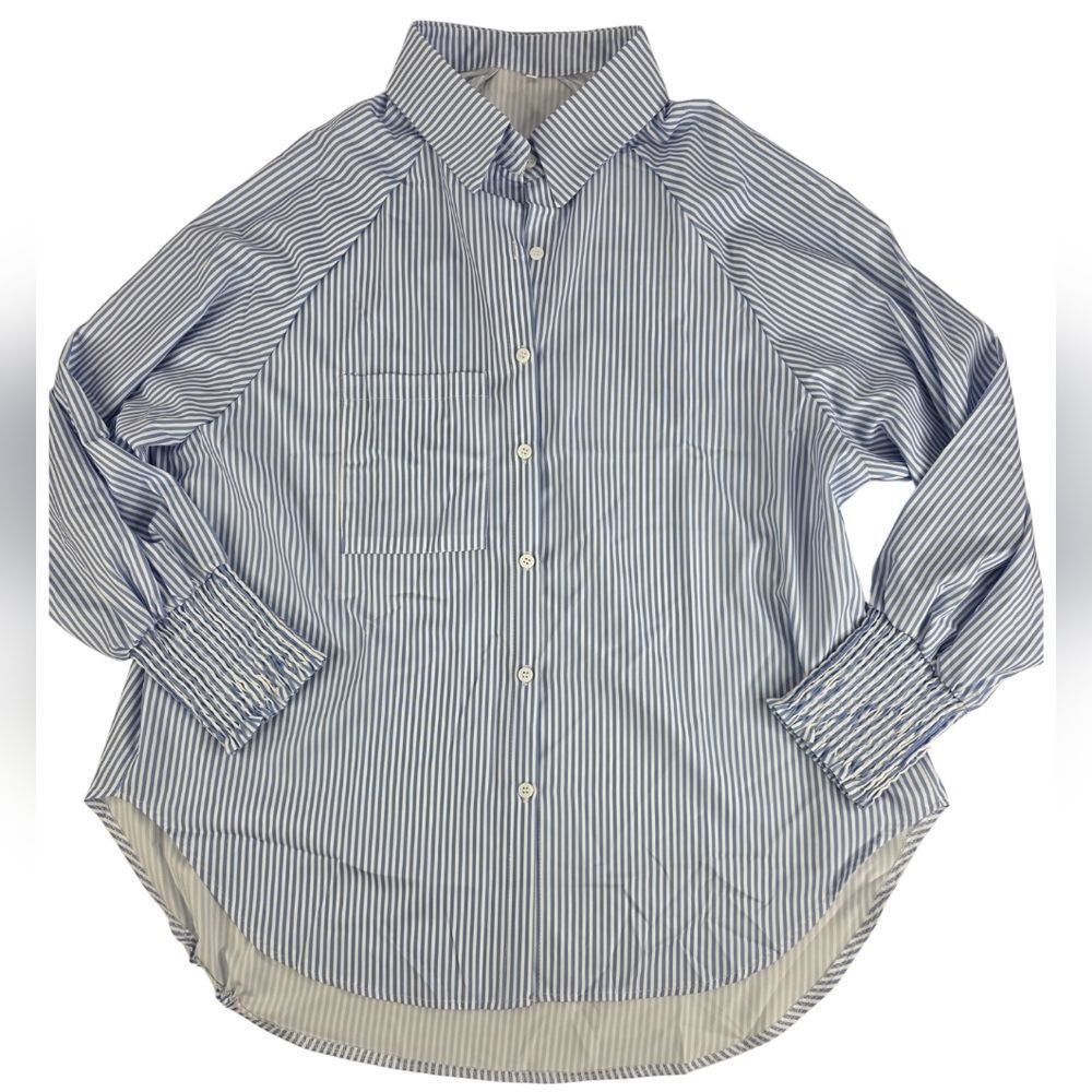 Amazon 2X Blue White Stripe Button-Down Shirt NEW Ruffle Sleeves 3212-L